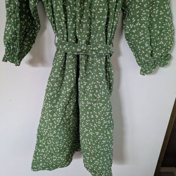 Roolee Green Floral Stop and Smell The Flowers Belted Puff Sleeve Dress S Small - Picture 7 of 7